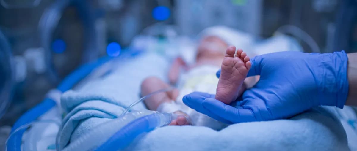 Blue gloved nurse hand holding premature newborn baby foot in intensive care unit