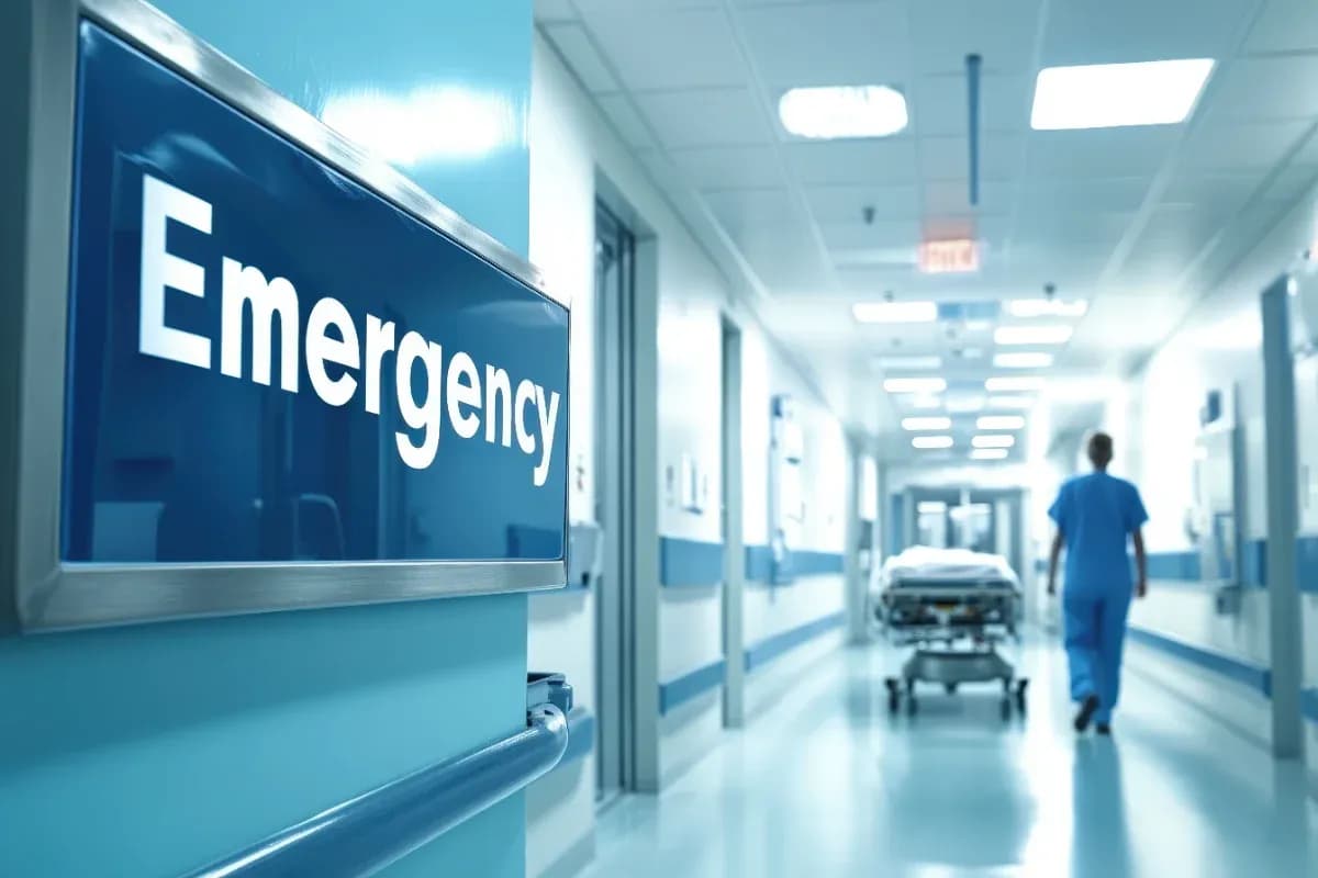 Hospital emergency room with a focus on a clear "Emergency" sign. A nurse in scrubs walks down the bright, sterile corridor toward a stretcher.