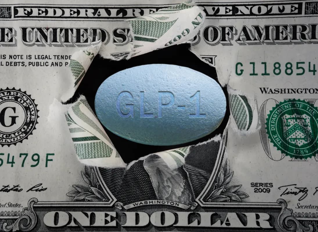 GLP-1 pill in a torn dollar bill