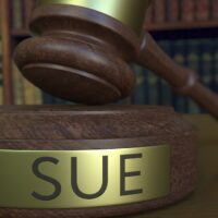 Judge's gavel hitting the block with SUE inscription. 3D rendering Judge's gavel hitting the block with SUE inscription. 3D rendering