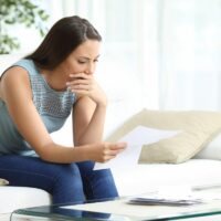 Worried woman reading lettter sitting at home