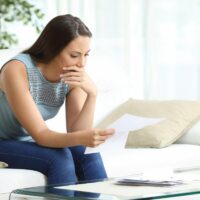 Worried woman reading lettter sitting at home Worried woman reading lettter sitting at home