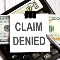 White paper with text CLAIM DENIED with dollars on calculator with pen White paper with text CLAIM DENIED with dollars on calculator with pen