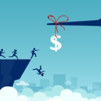 Vector of group of business people running towards a dollar sign tied to a liar long nose and falling off a cliff Vector of group of business people running towards a dollar sign tied to a liar long nose and falling off a cliff