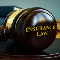 Insurance law concept. Wooden gavel in the court.