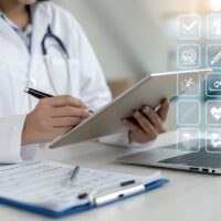 Online medical checklist and documentation system in use by doctor, concept of smart healthcare. physician assessment expert checks patient care quality, hospital assessment of treatment