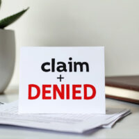 White card with claim DENIED text sits on office desk among papers. Represents rejection of insurance service application. Financial setback, legal dispute, business concept for bad news outcome