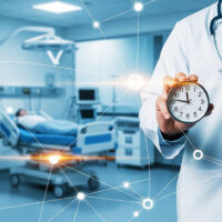 Emergency Medical Response & Patient Time: Doctor Holding Clock in Hospital Room, Symbolizing Critical Care, Timely Treatment, and Efficient Healthcare Management Emergency Medical Response & Patient Time: Doctor Holding Clock in Hospital Room, Symbolizing Critical Care, Timely Treatment, and Efficient Healthcare Management