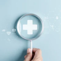 A hand holds a magnifying glass over a white medical cross symbol, set against a light blue background with faint healthcare icons and hexagonal patterns. A hand holds a magnifying glass over a white medical cross symbol, set against a light blue background with faint healthcare icons and hexagonal patterns.