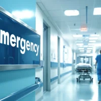 Hospital emergency room with a focus on a clear "Emergency" sign. A nurse in scrubs walks down the bright, sterile corridor toward a stretcher. Hospital emergency room with a focus on a clear "Emergency" sign. A nurse in scrubs walks down the bright, sterile corridor toward a stretcher.