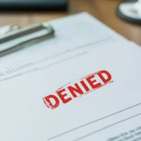 A paper document with a bold red "DENIED" stamp sits on a wooden desk, indicating rejection or disapproval. Clipboard and stethoscope nearby.