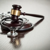Gavel and Stethoscope on Reflective Table