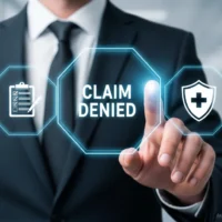 Claim Denied text on virtual interface, businessman touching rejected insurance claim button, medical health coverage denial concept