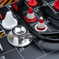 Medical health check schedule or reserve health time management concept, doctor stethoscope with busy black calendar with full of traffic signs such as red pylons, no entry and no parking