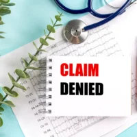 Claim denied stamp on medical notepad with stethoscope and health insurance chart