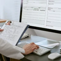 Middle aged healthcare worker reviewing patient file and entering medical data into electronic records on desktop monitor, supporting clinical documentation and hospital administration use