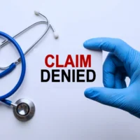 A gloved hand holds a card with the words claim denied next to a stethoscope on a white surface A gloved hand holds a card with the words claim denied next to a stethoscope on a white surface